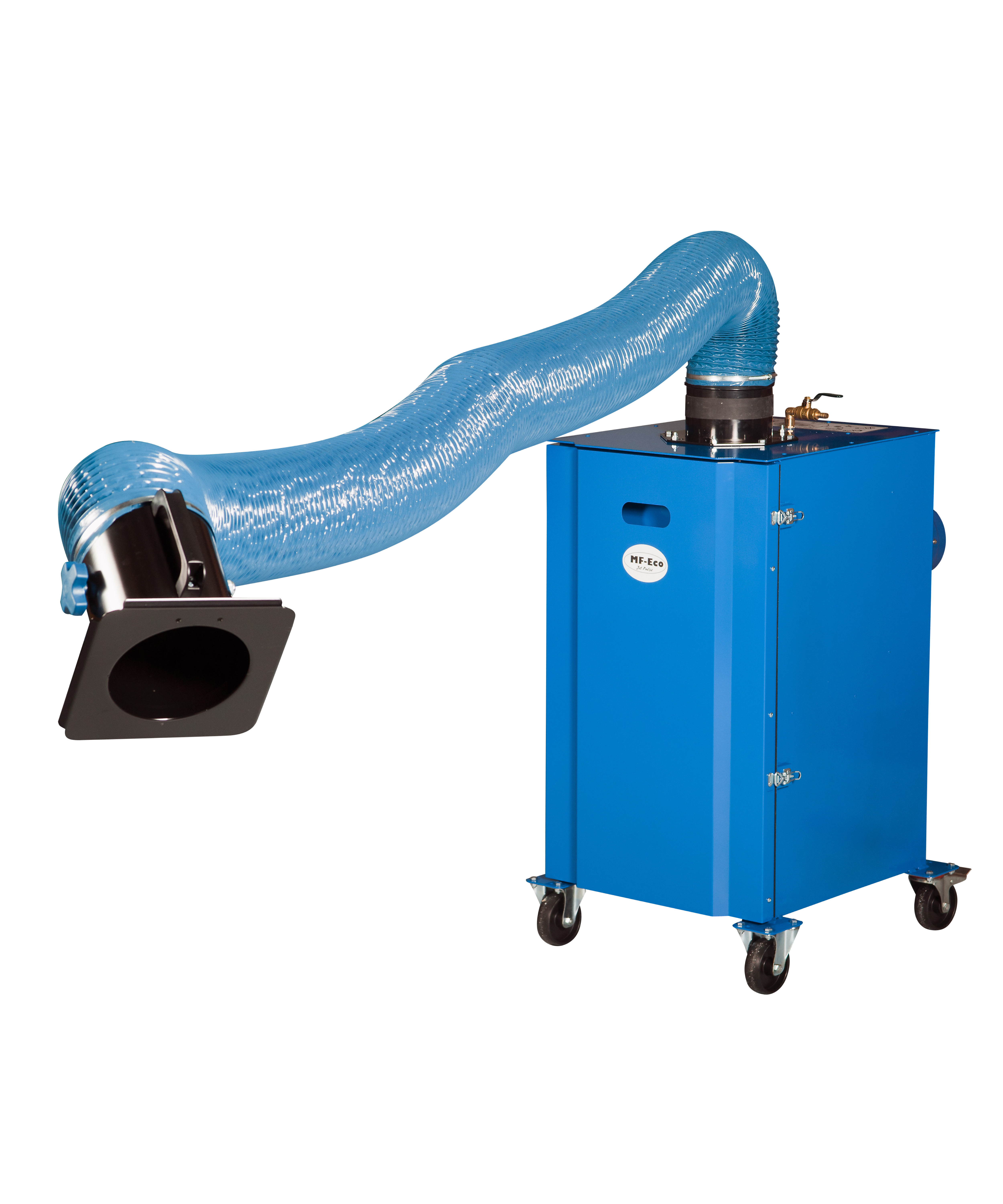 Product shot of the Plymoth MF-Eco Mobile Filter (mobile welding fume extractor) with a 2 meter Table-Mounted IS Fume Extraction Arm